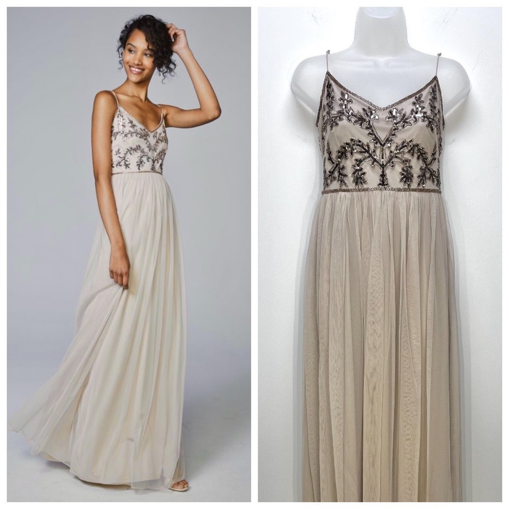 Vow’d Gilded Age Formal Dress Champagne Beige Gold Beaded Sequin Gown Size 0